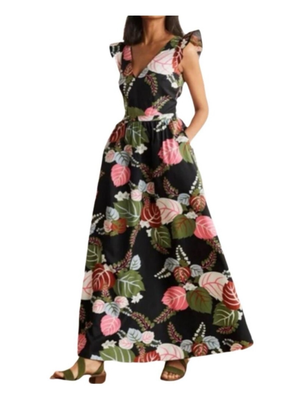 Boden Black Maxi Dress with Pink, Green & Blue Leaf Print